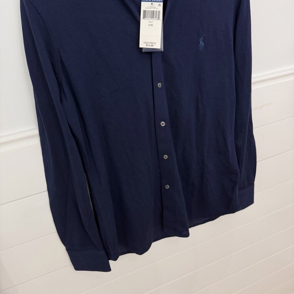 NWT! Women’s Ralph Lauren Knit Oxford Navy Blue Button Down Shirt Size L - Picture 3 of 6